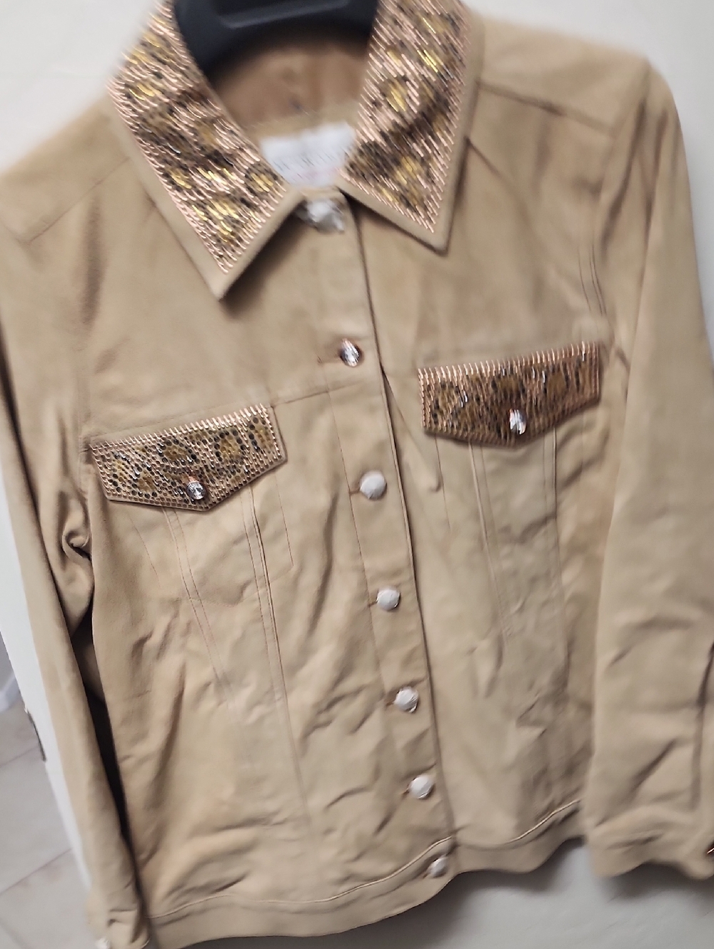 Victor Costa Beige Jacket with Embellished Collar and Pockets